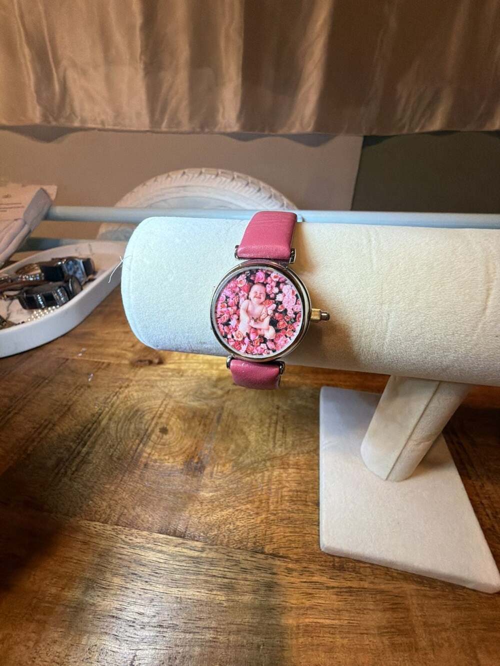 Anne Geddes Silver Tone Locket Watch with Floral Baby Face and Pink Leather Stra
